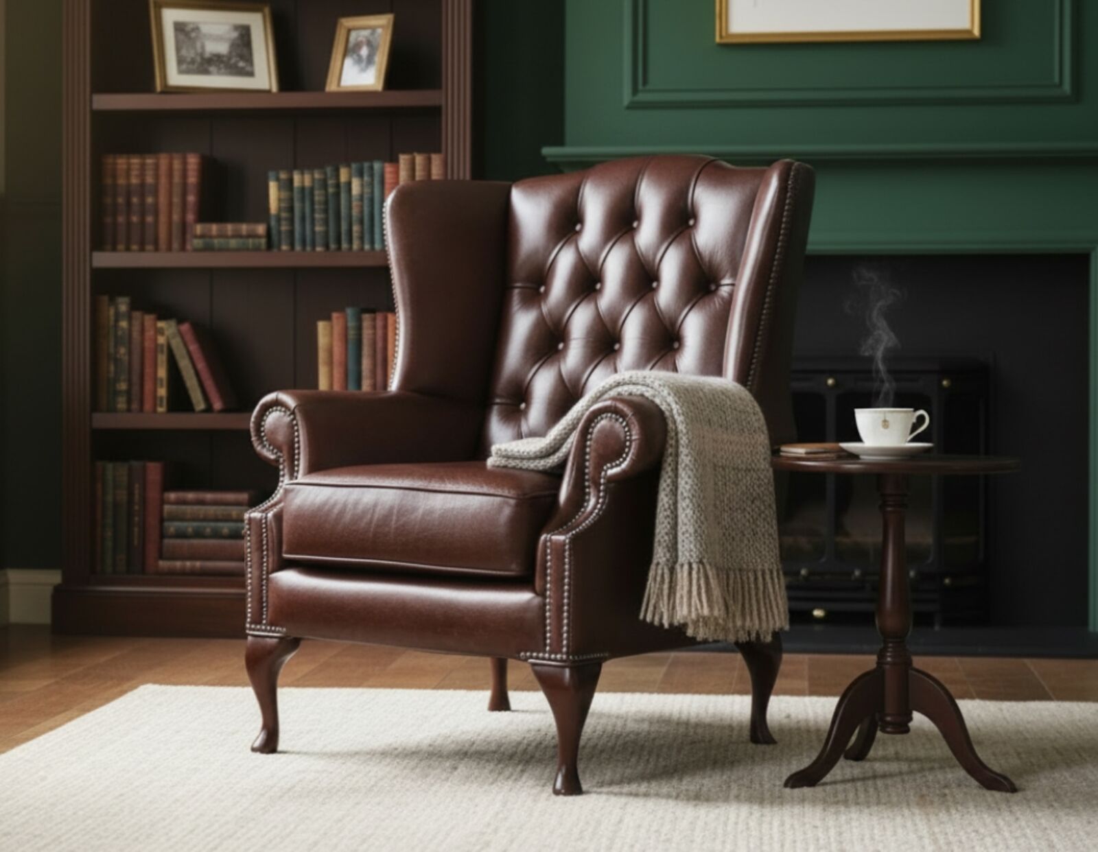 Chesterfield Bloomsbury Flat Wing Queen Anne High Back Wing Chair Old English Brown Leather