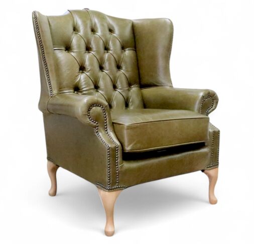 Chesterfield Bloomsbury Flat Wing Queen Anne High Back Wing Chair Old English Olive Leather