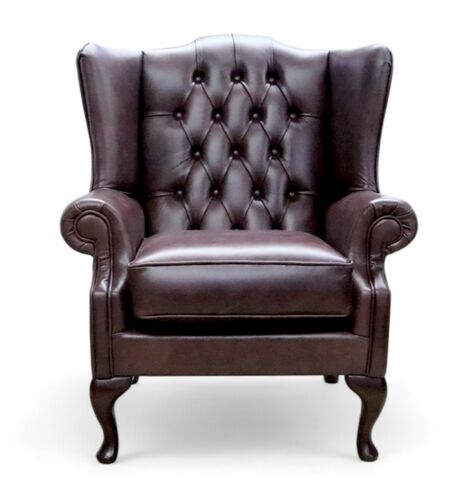 Chesterfield Bloomsbury Flat Wing Queen Anne High Back Wing Chair Old English Red Brown Leather Piped