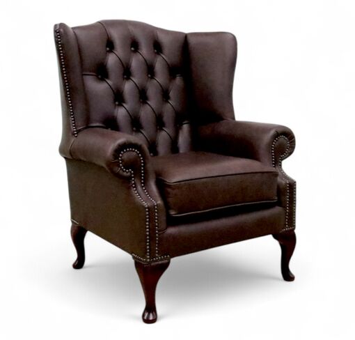 Chesterfield Bloomsbury Flat Wing Queen Anne High Back Wing Chair Saloon Dark Brown Leather
