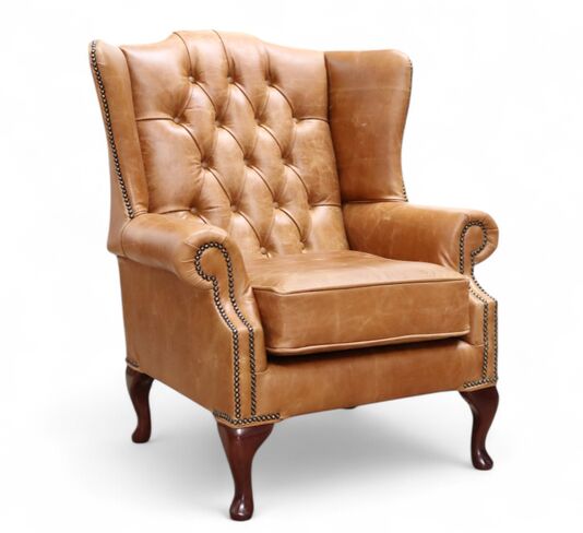 Chesterfield Bloomsbury Flat Wing Queen Anne High Back Wing Chair Vintage Tan Leather
