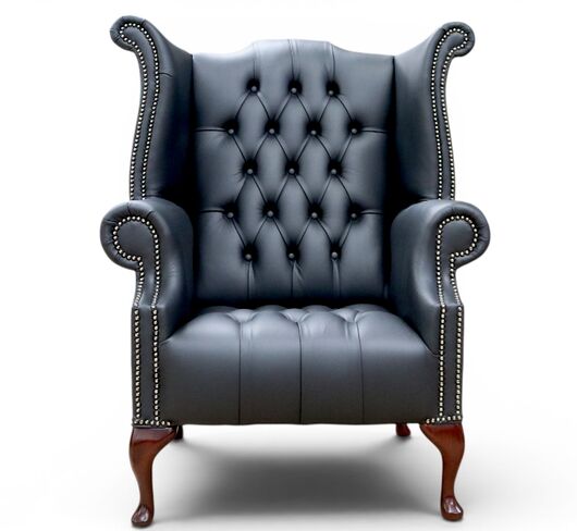 Chesterfield Buttoned Queen Anne High Back Wing Chair Shelly Black Leather