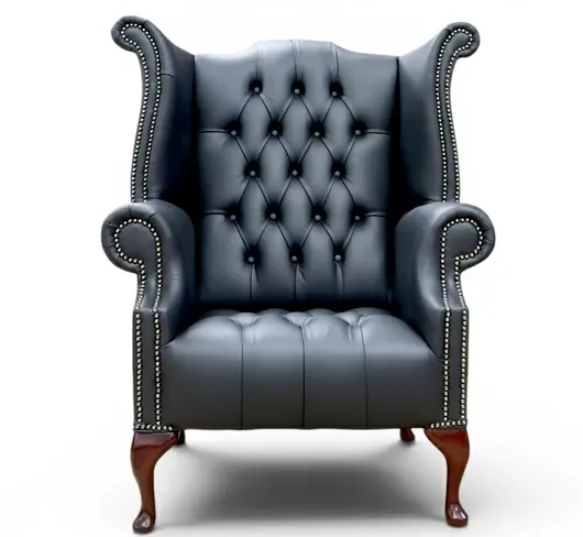Chesterfield Buttoned Queen Anne High Back Wing Chair Shelly Black Leather