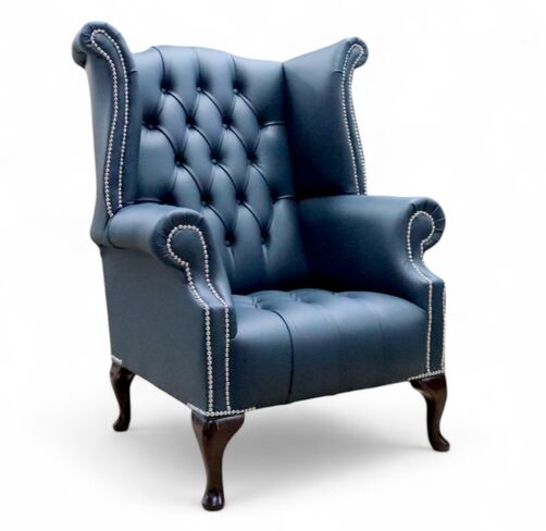 Chesterfield Buttoned Queen Anne High Back Wing Chair Suffolk Blue Leather