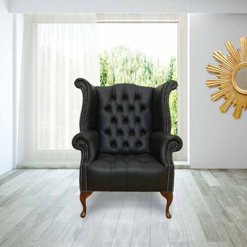 Chesterfield Buttoned Queen Anne High Back Wing Chair Shelly Black Leather
