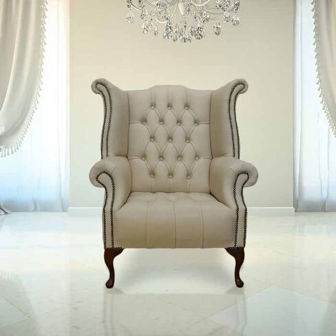 Chesterfield Buttoned Queen Anne High Back Wing Chair UK Manufactured Ivory