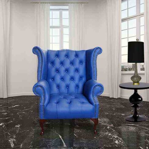 Chesterfield Buttoned Queen Anne High Back Wing Chair UK Manufactured Marine Blue