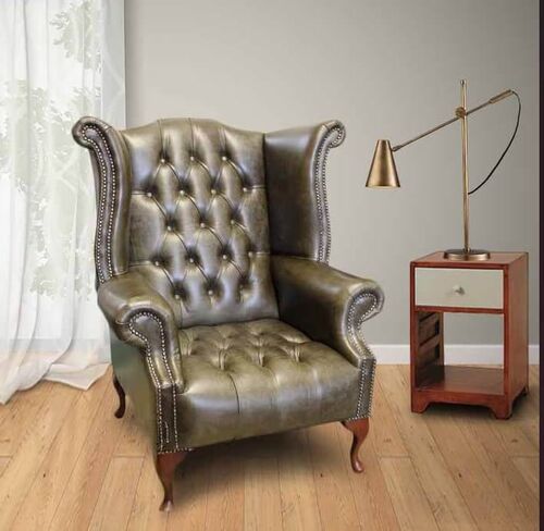 Chesterfield Cavendish Buttoned Seat Queen Anne High Back Wing Chair UK Manufactured Hand Dyed Old English Alga Leather