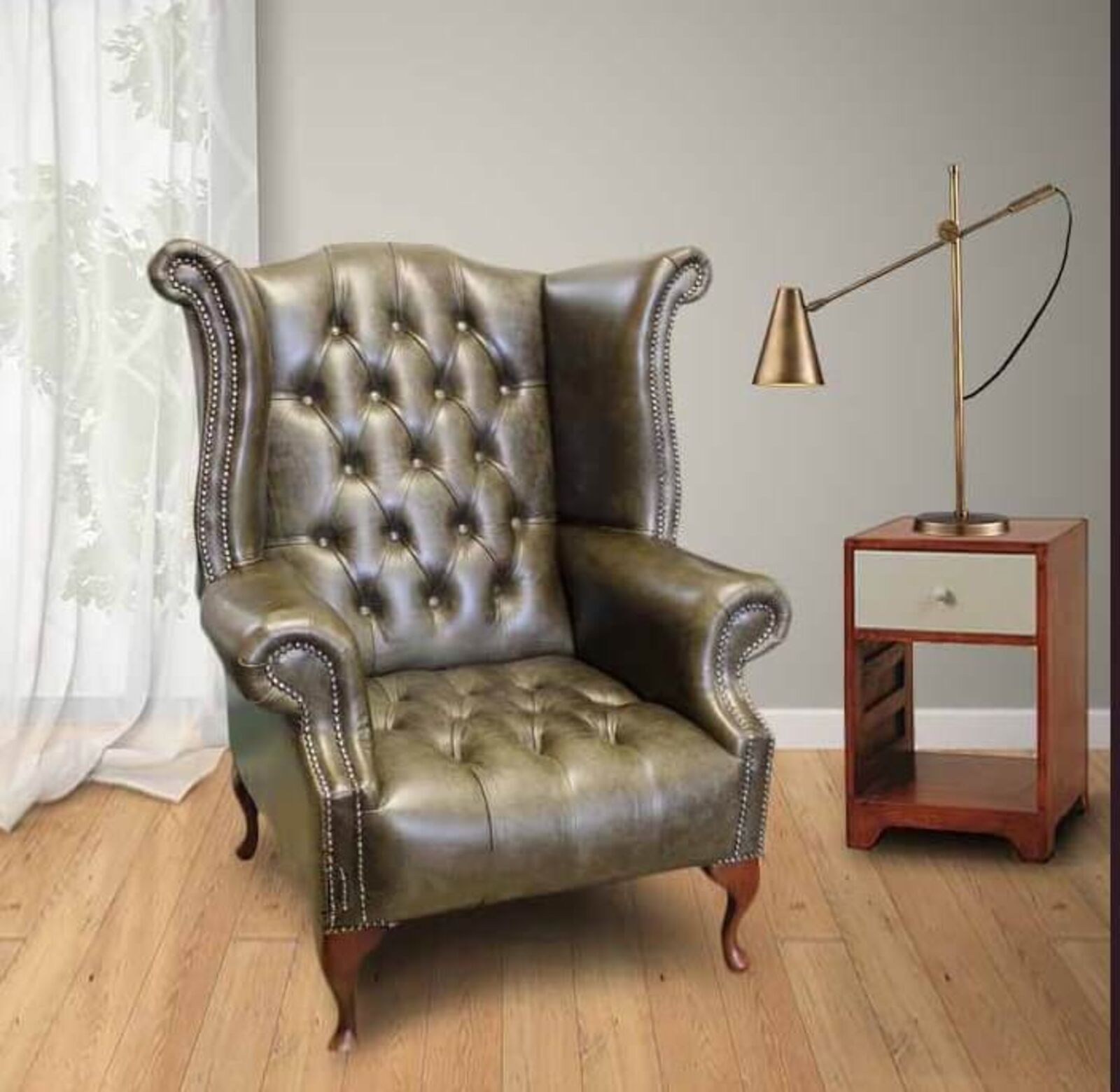 Product photograph of Chesterfield Cavendish Buttoned Seat Queen Anne High Back Wing Chair Uk Manufactured Hand Dyed Old English Alga Leather from Designer Sofas 4U