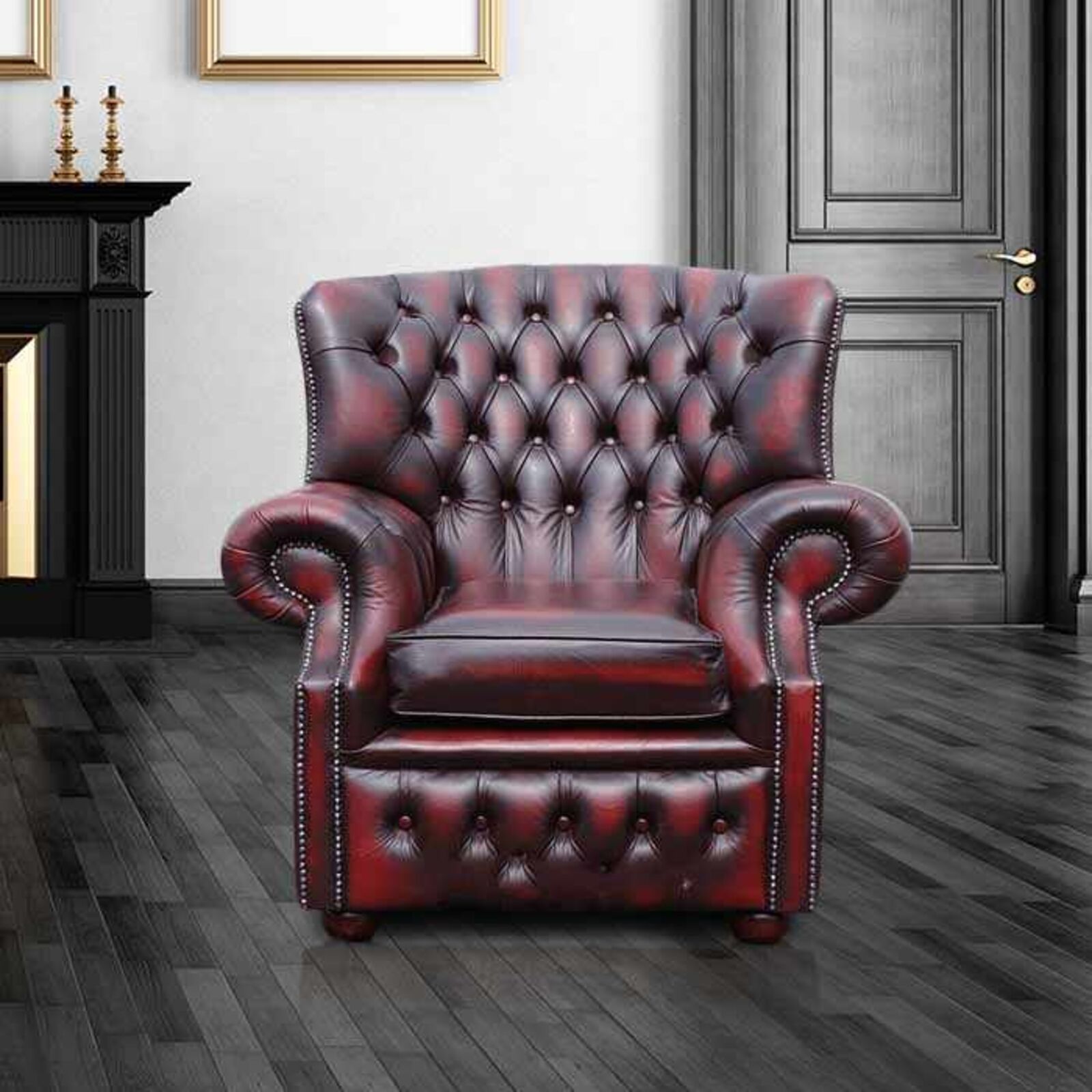 Product photograph of Chesterfield Howland High Back Chair Uk Manufactured Antique Oxblood Red Leather from Designer Sofas 4U