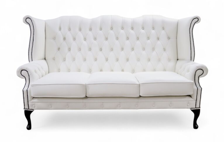 Chesterfield Chatsworth 3 Seater Queen Anne High Back Wing Chair Sofa Winter White Leather