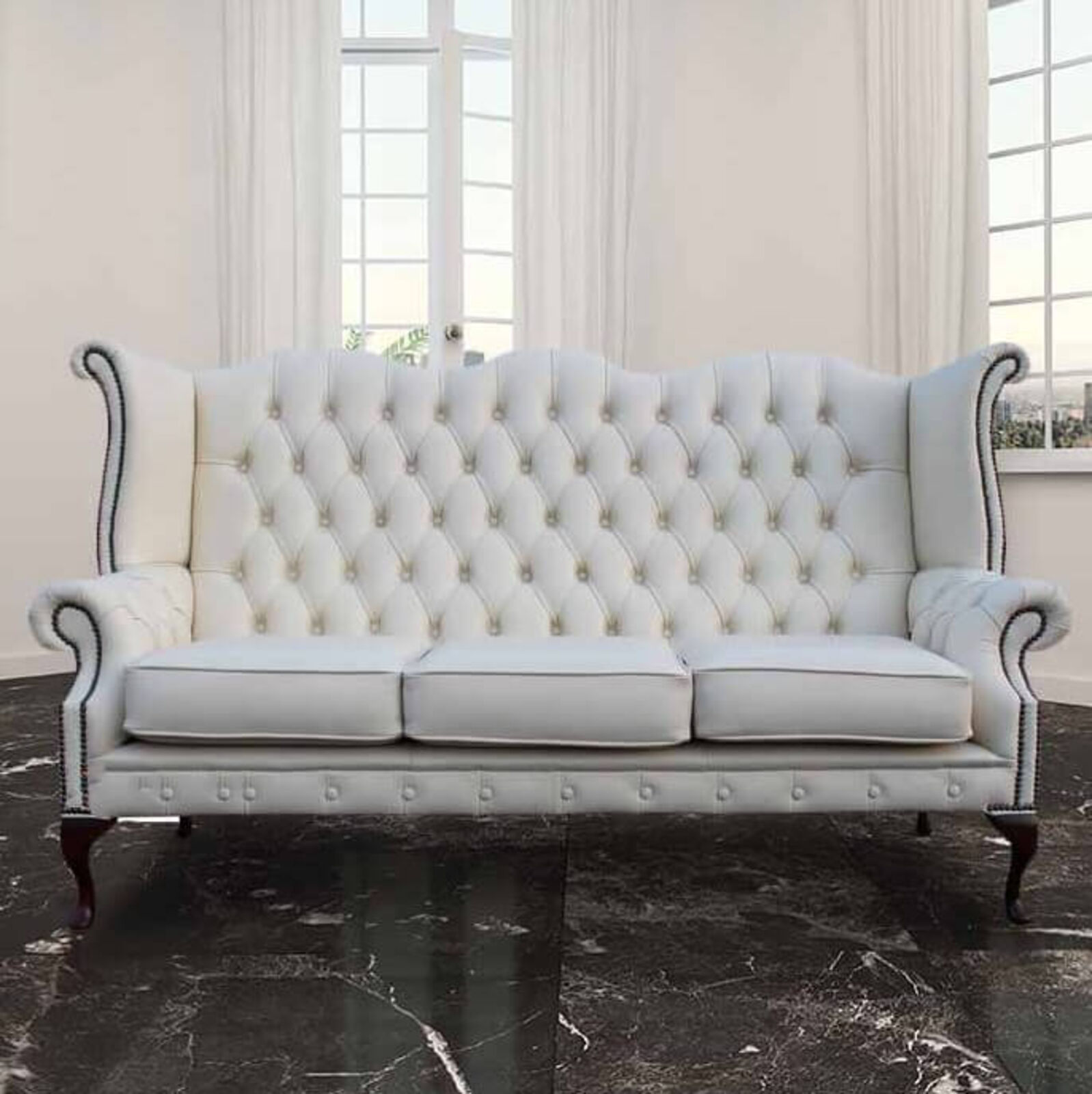 Product photograph of Chesterfield Chatsworth 3 Seater Queen Anne High Back Wing Chair Uk Manufactured White from Designer Sofas 4U