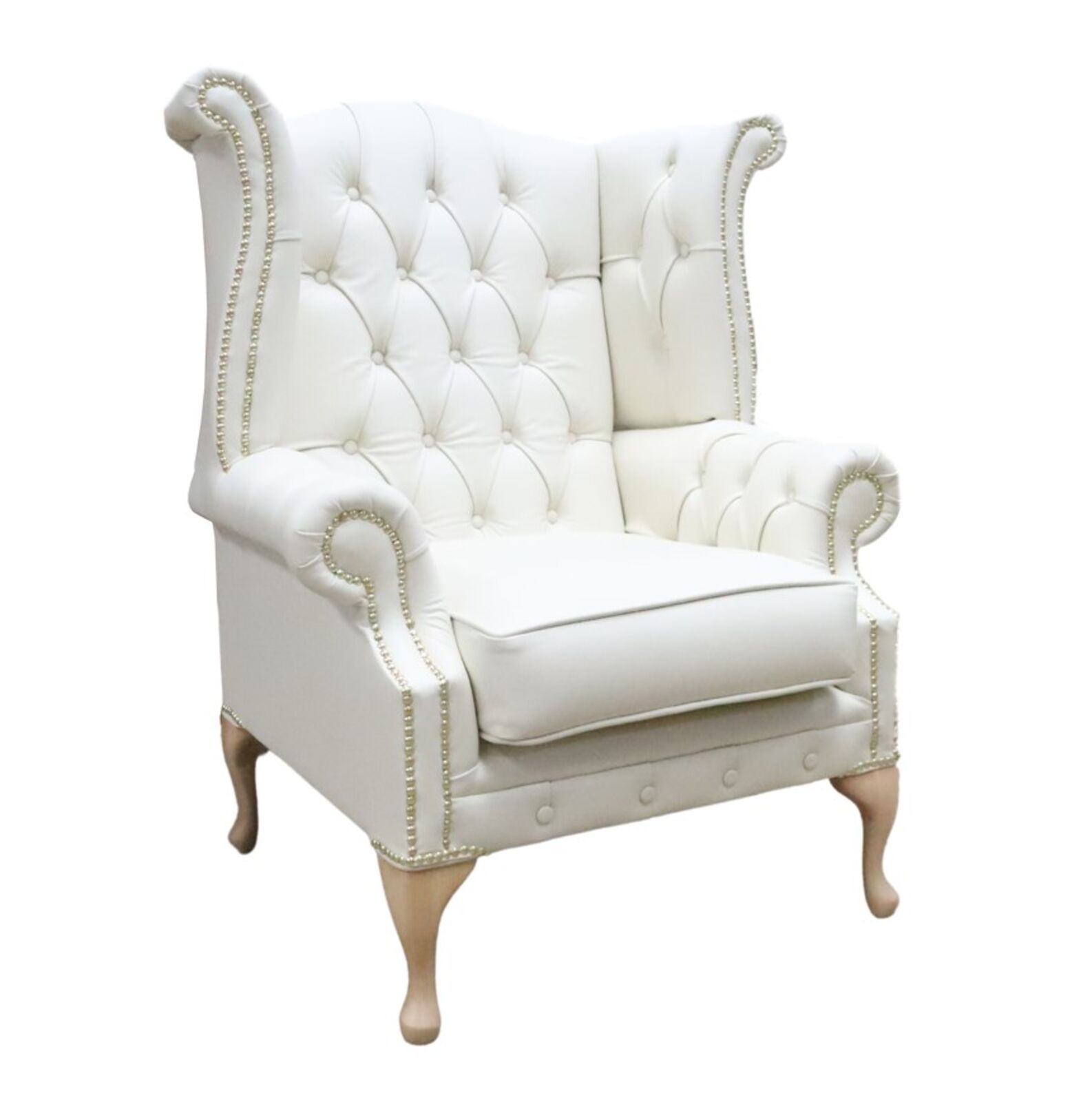 Product photograph of Chesterfield Chatsworth Queen Anne High Back Wing Chair White Buttoned from Designer Sofas 4U
