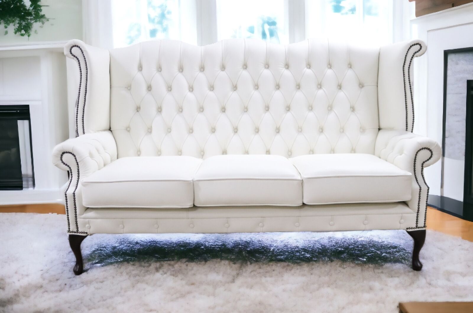 Product photograph of Chesterfield Chatsworth 3 Seater Queen Anne High Back Wing Chair Sofa Winter White Leather from Designer Sofas 4U