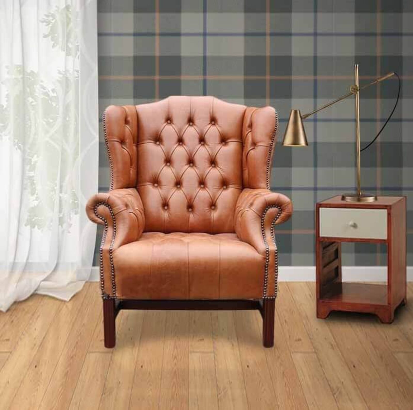 Product photograph of Tan Chesterfield Churchill High Back Wing Chair Designersofas4u from Designer Sofas 4U