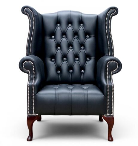 Chesterfield Crystal Buttoned Queen Anne Chair Black Leather | DesignerSofas4U