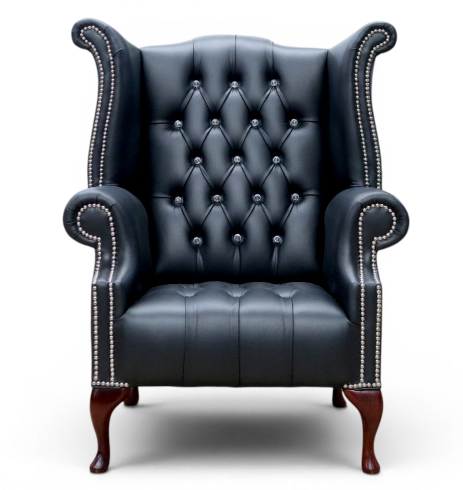 Chesterfield Crystal Buttoned Queen Anne Chair Black Leather | DesignerSofas4U