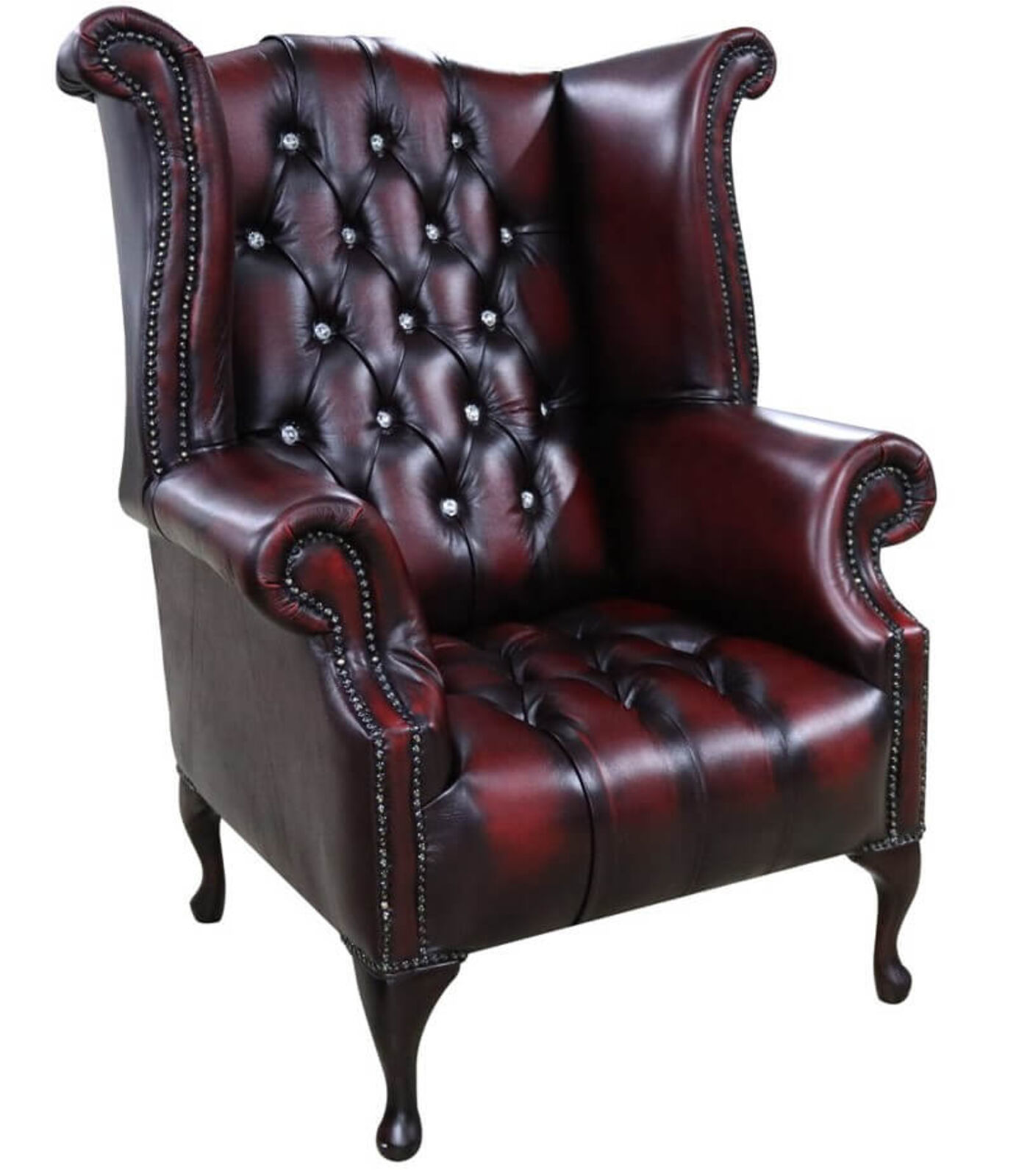 Product photograph of Chesterfield Crystal Diamante Queen Anne High Back Wing Chair Oxblood Leather from Designer Sofas 4U