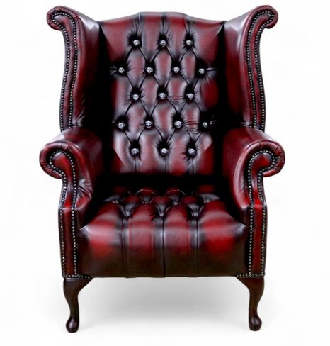 Chesterfield Crystal Diamante Queen Anne High Back Wing Chair Oxblood Leather
