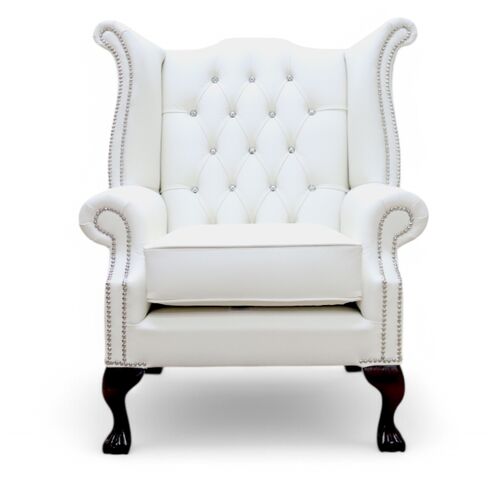 Chesterfield Crystal Diamante Queen Anne High Back Wing Chair White Leather Claw Ball Feet