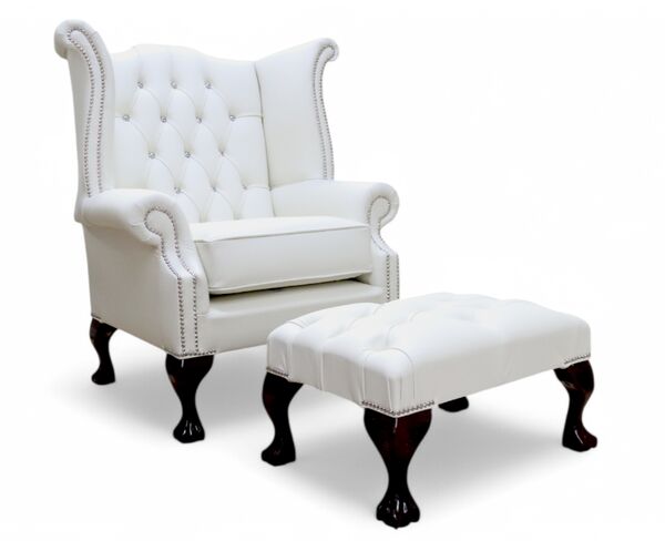 Chesterfield Crystal Diamante Queen Anne High Back Wing Chair White Leather + Foostool