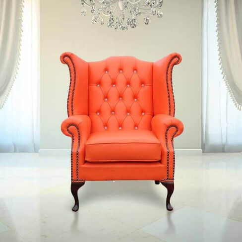 Chesterfield Orange Leather Crystal High Back Wing chair | DesignerSofas4U