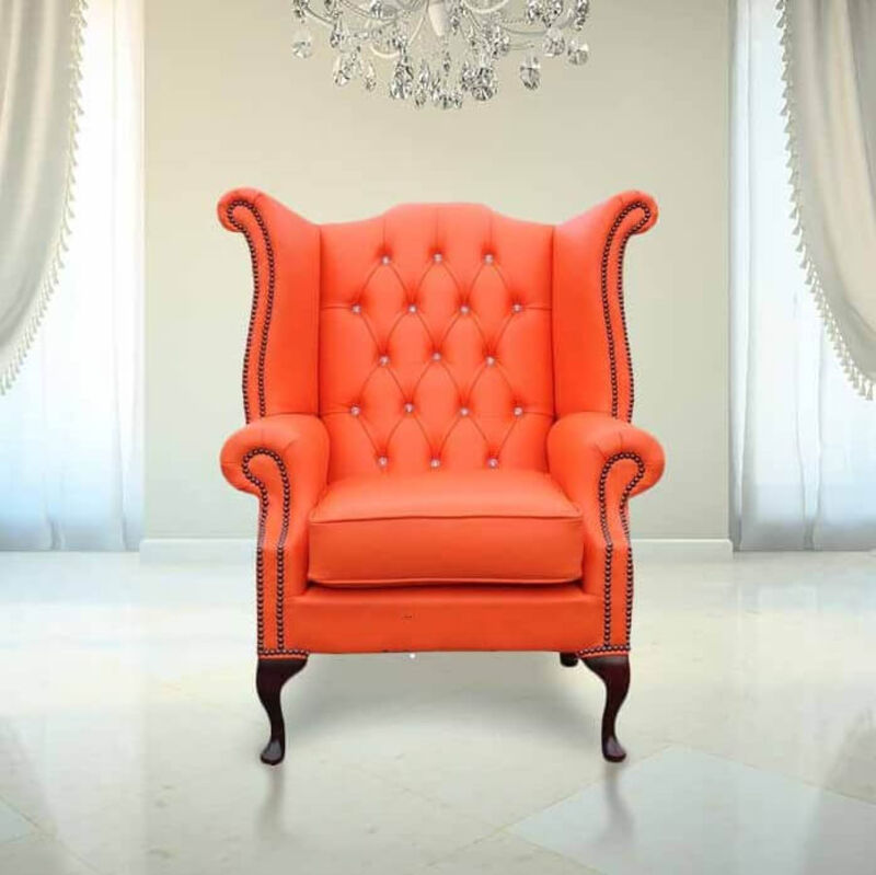 Product photograph of Chesterfield Orange Leather Crystal High Back Wing Chair Amp Hellip from Designer Sofas 4U