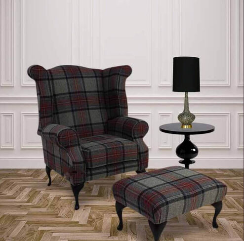 Chesterfield Edward Queen Anne Wool Tweed Wing Chair Fireside High Back Armchair Beningborough Graphite Check + Footstool