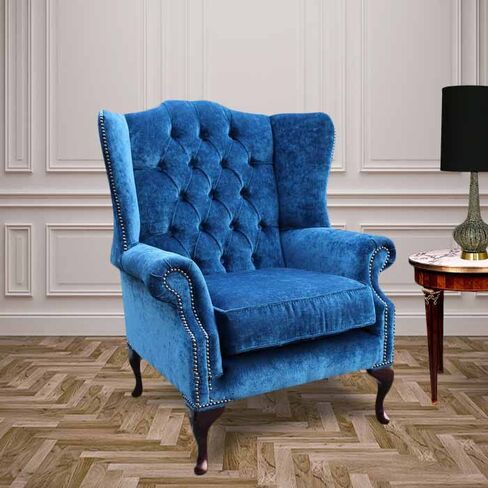 Chesterfield Fabric Mallory Flat Wing High Back Wing Chair Royal Blue