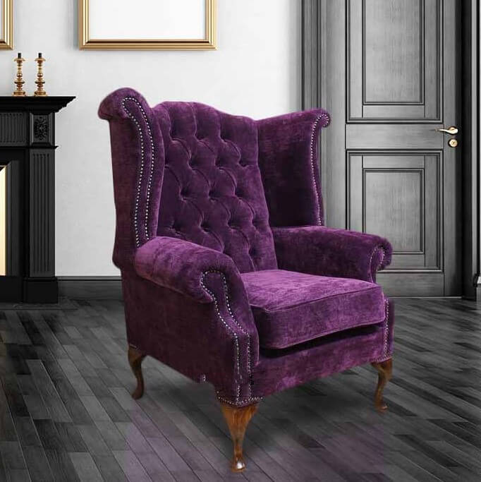 Purple Chenille Velvet Chesterfield Queen Anne Wing chair