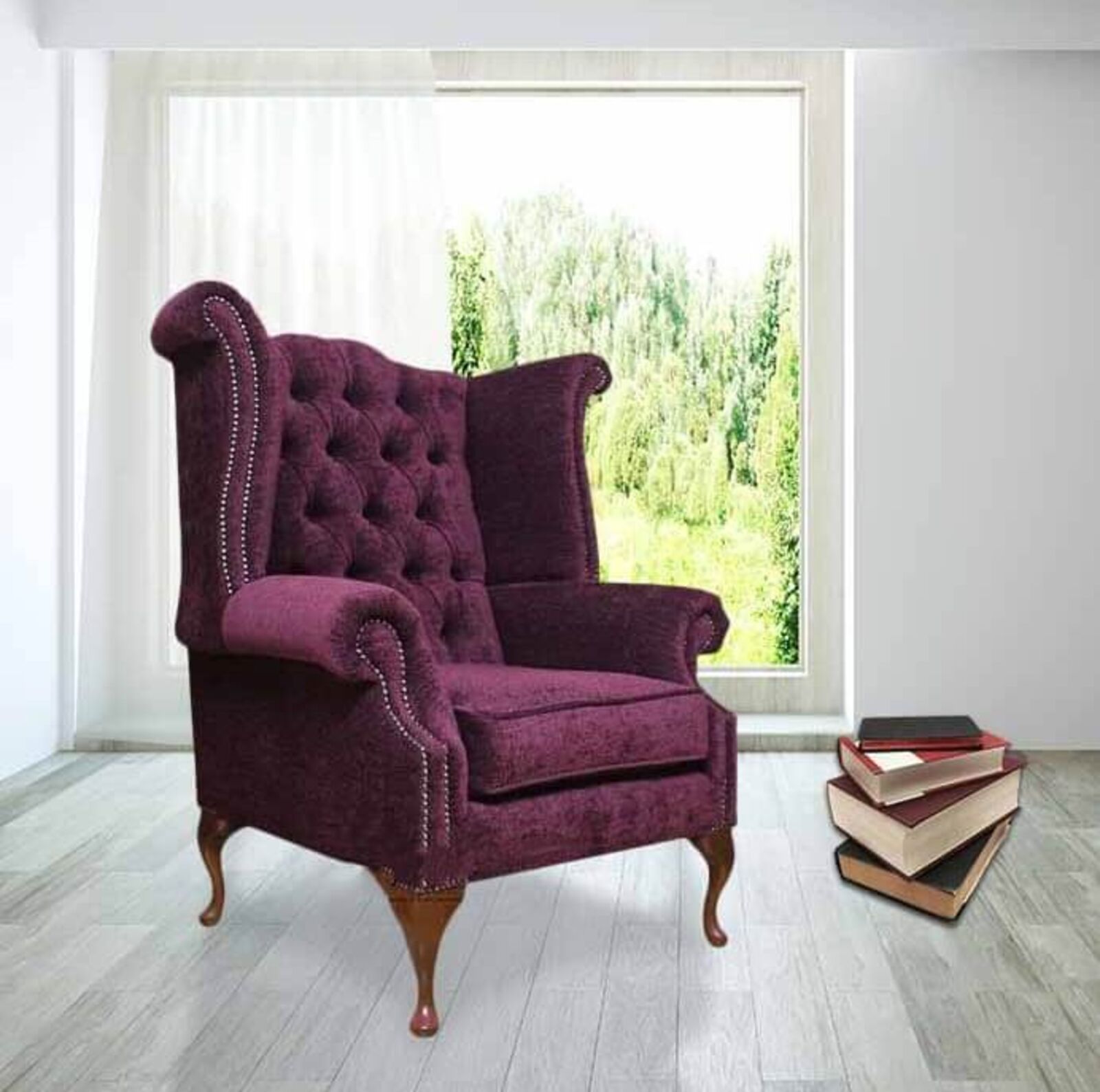 Product photograph of Chesterfield Fabric Queen Anne High Back Wing Chair Aubergine Velvet from Designer Sofas 4U