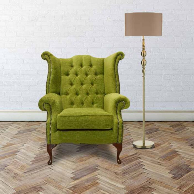 Product photograph of Chesterfield Fabric Queen Anne High Back Wing Chair Citrus Green from Designer Sofas 4U