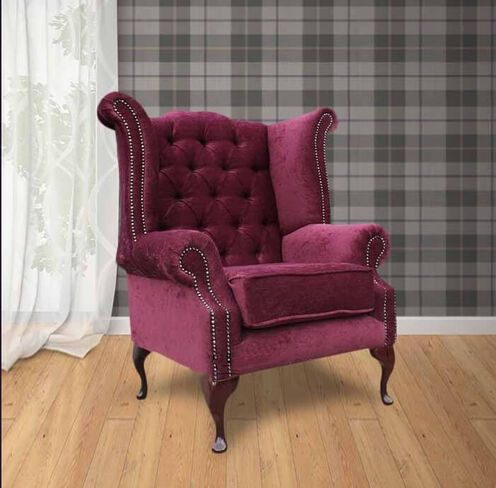 Chesterfield Fabric Queen Anne High Back Wing Chair Pimlico Damson