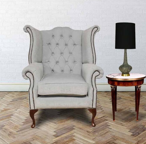 Chesterfield Fabric Queen Anne High Back Wing Chair Duck Egg Blue