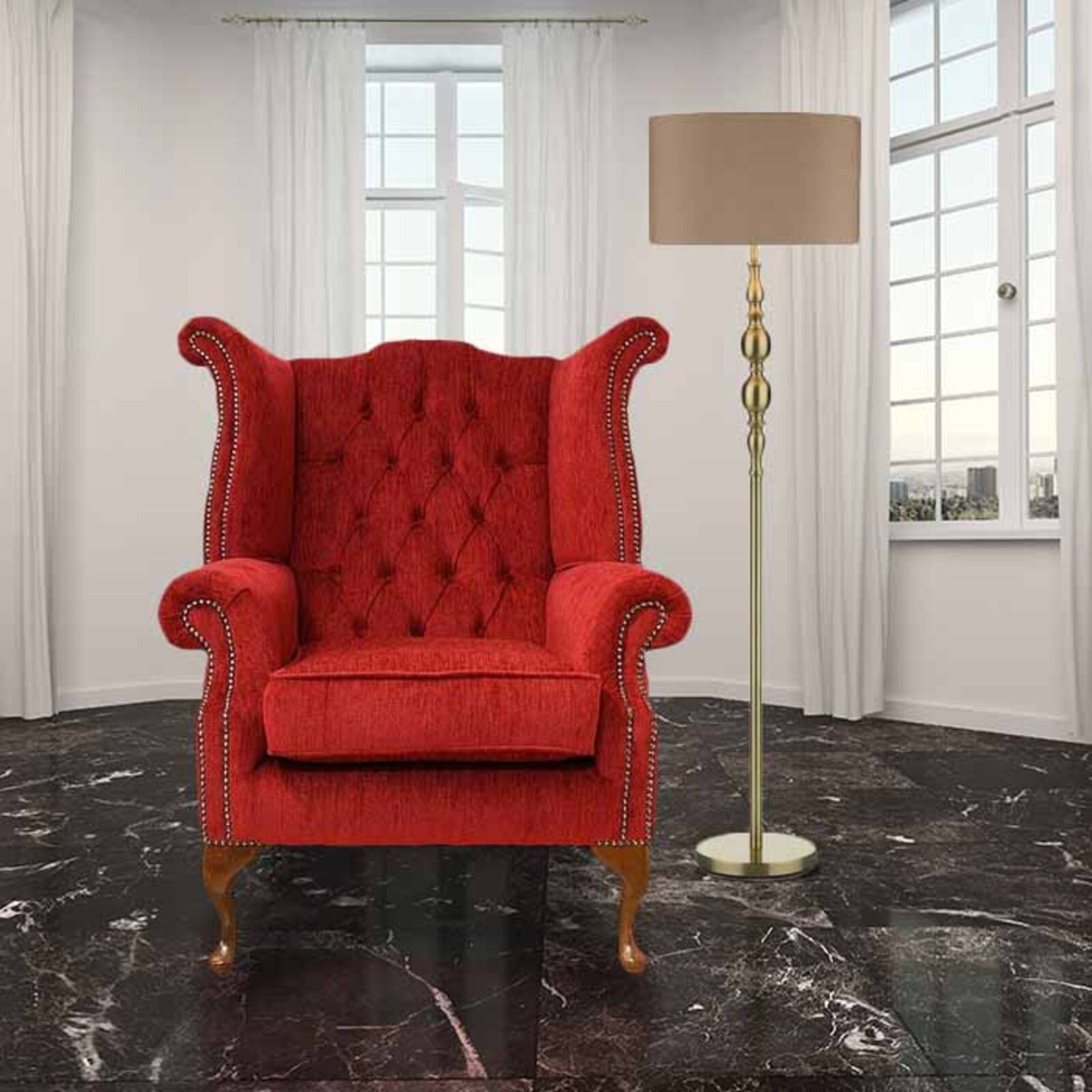 Product photograph of Chesterfield Fabric Queen Anne High Back Wing Chair Velluto Tomato from Designer Sofas 4U