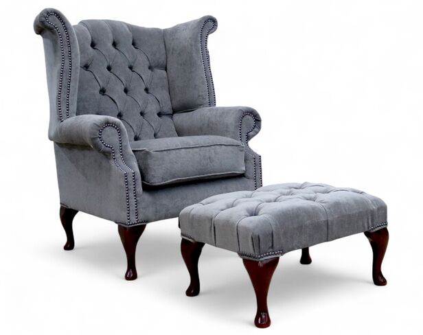 Chesterfield Fabric Queen Anne High Back Wing Chair + Matching Footstool Carbon