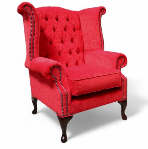 Chesterfield Fabric Queen Anne High Back Wing Chair Pimlico Rouge Red
