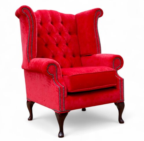 Chesterfield Fabric Queen Anne High Back Wing Chair Pimlico Rouge Red