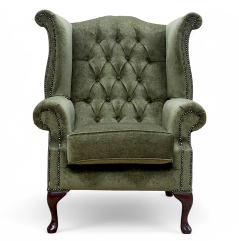 Chesterfield Fabric Queen Anne High Back Wing Chair Velluto Moss Green