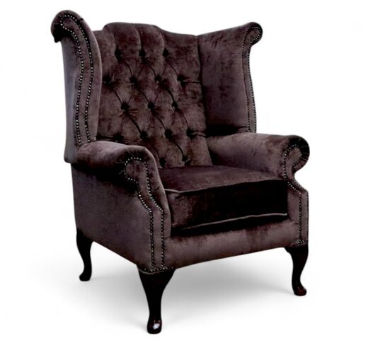 Chesterfield Fabric Queen Anne High Back Wing Chair Velluto Sienna Brown