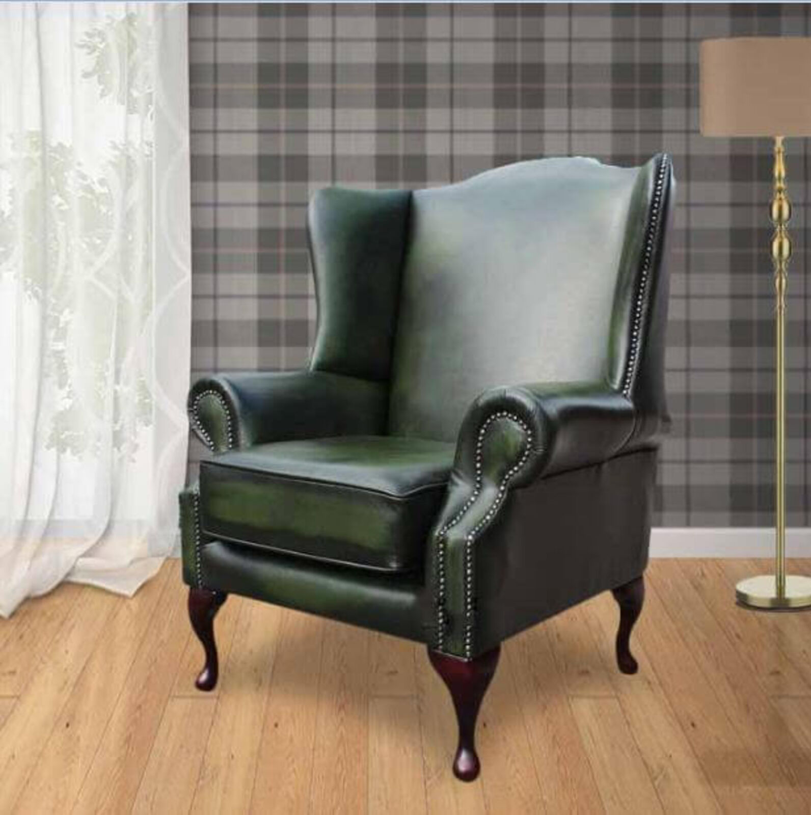 Product photograph of Chesterfield Flat Wing Saxon Mallory High Back Wing Chair Uk Manufactured Antique Green from Designer Sofas 4U