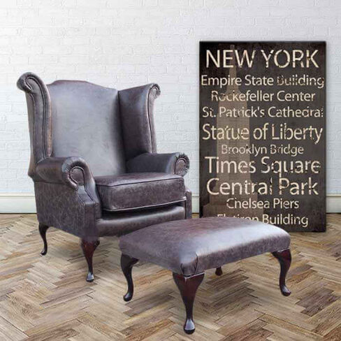 Chesterfield Hampton Queen Anne High Back Wing Chair UK Manufactured Old English Smoke Leather + Footstool