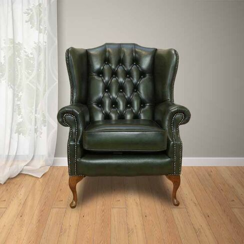 Chesterfield Highclere Flat Wing Queen Anne High Back Wing Chair UK Manufactured Antique Green