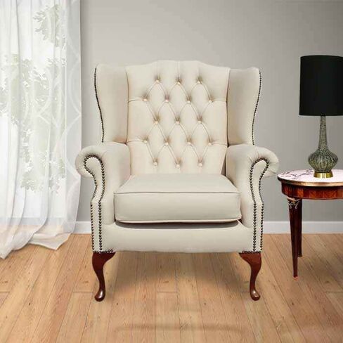 Chesterfield Highclere Flat Wing Queen Anne High Back Wing Chair UK Manufactured Cream Leather
