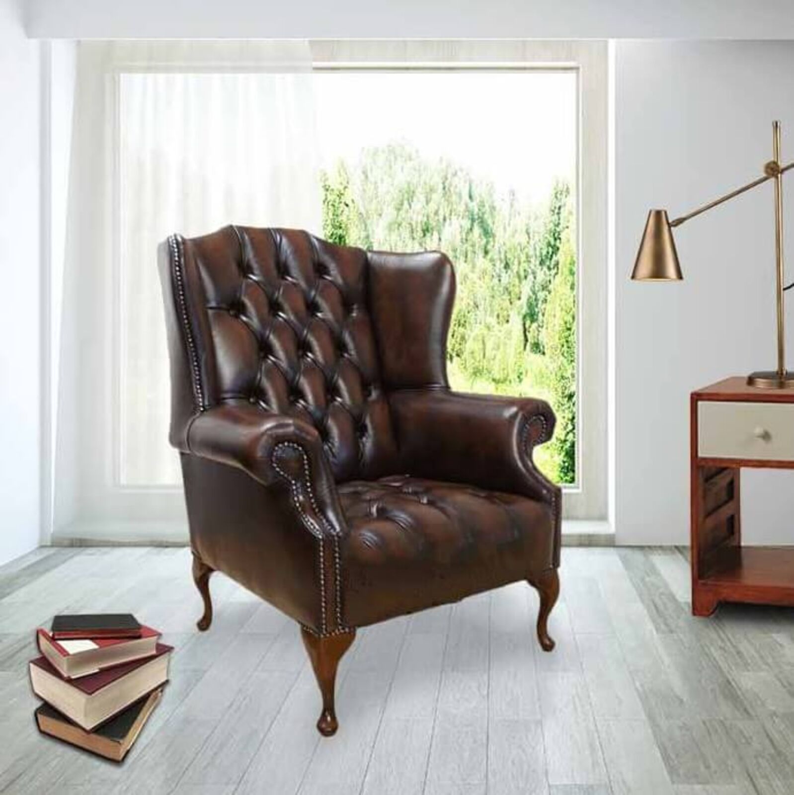 Product photograph of Chesterfield Mallory Buttoned Seat Flat Wing Queen Anne High Back Wing Chair Uk Manufactured Antique Brown from Designer Sofas 4U