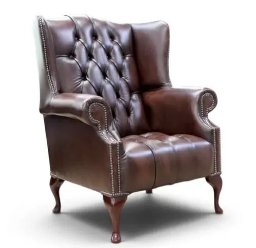 Chesterfield Mallory Buttoned Seat Flat Wing Queen Anne High Back Wing Chair UK Manufactured Antique Brown