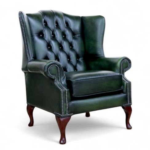 Chesterfield Mallory Flat Wing High Back Wing Chair Antique Green Real Leather