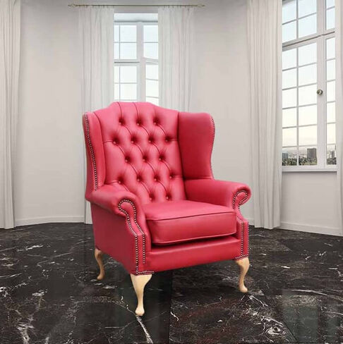 Chesterfield Mallory Flat Wing Natural Feet High Back Wing Chair UK Manufactured Flame Red Leather