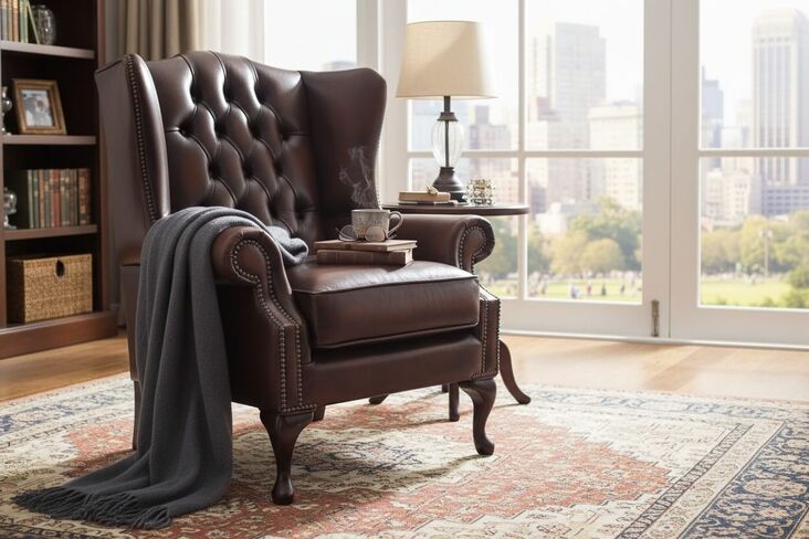 Chesterfield Mallory Flat Wing Queen Anne High Back Wing Chair Antique Brown Real Leather