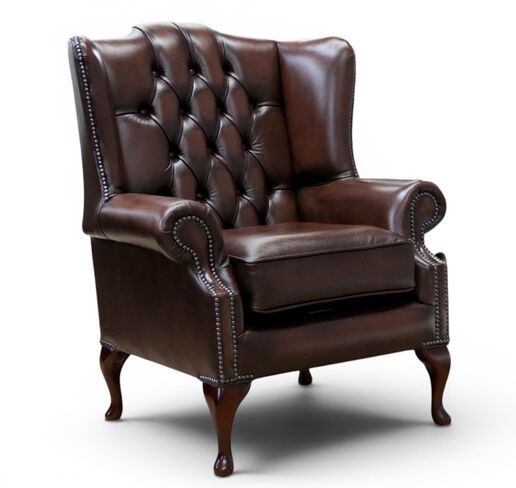 Chesterfield Mallory Flat Wing Queen Anne High Back Wing Chair Antique Brown Real Leather